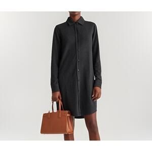 Quince Small Eco-Knit Button-Up Gray Flannel Shirt Sweater Dress Sleeves Pockets